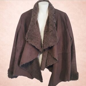 River Island Brown Faux Shearling Jacket Womens Large Draped Open Front Coat